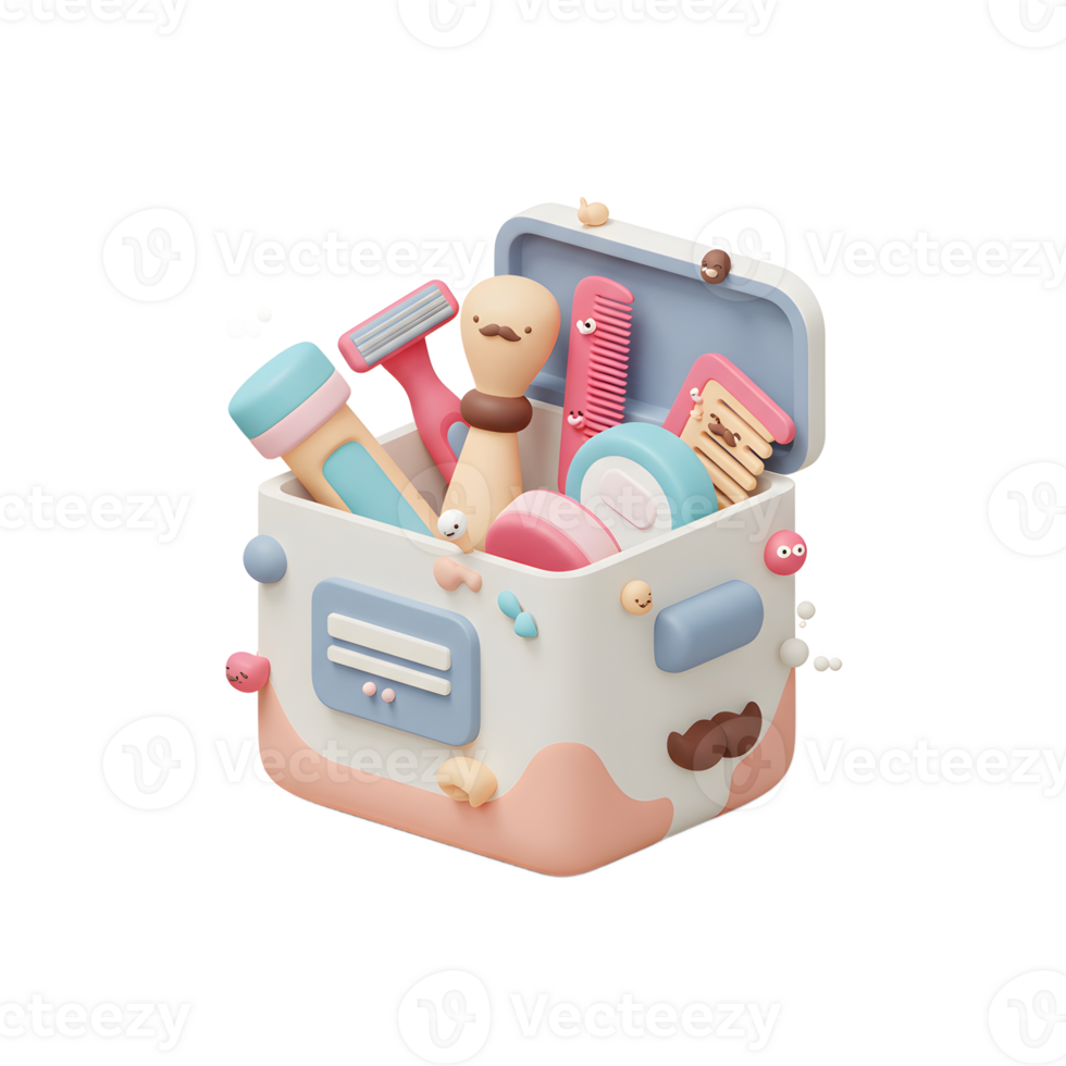 A cheerful 3D rendered scene A pastel colored box overflows with grooming tools razor, comb, brush, and more. Fun, whimsical details add to the charm. png