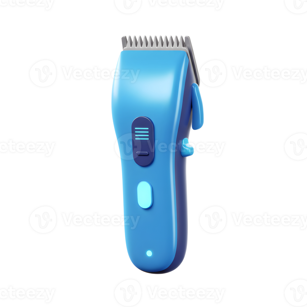 A stylish blue hair clipper stands out against a white backdrop. Its smooth curves and modern design are captivating. Notice the sleek buttons and sharp blades. png