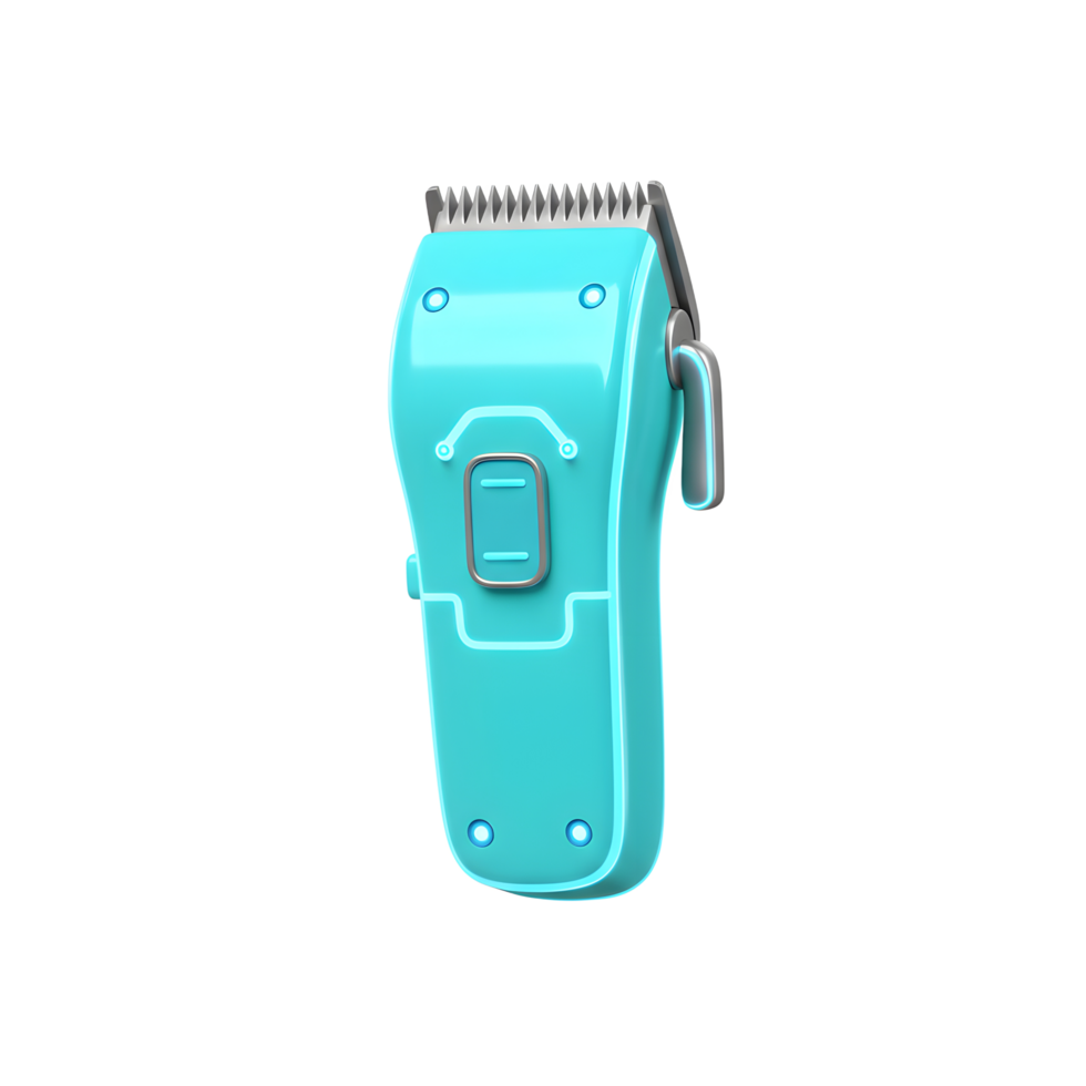 A vibrant aqua hair clipper shines, its modern design highlighted by futuristic accents. Clean lines and a sleek form create a cool, professional look. png