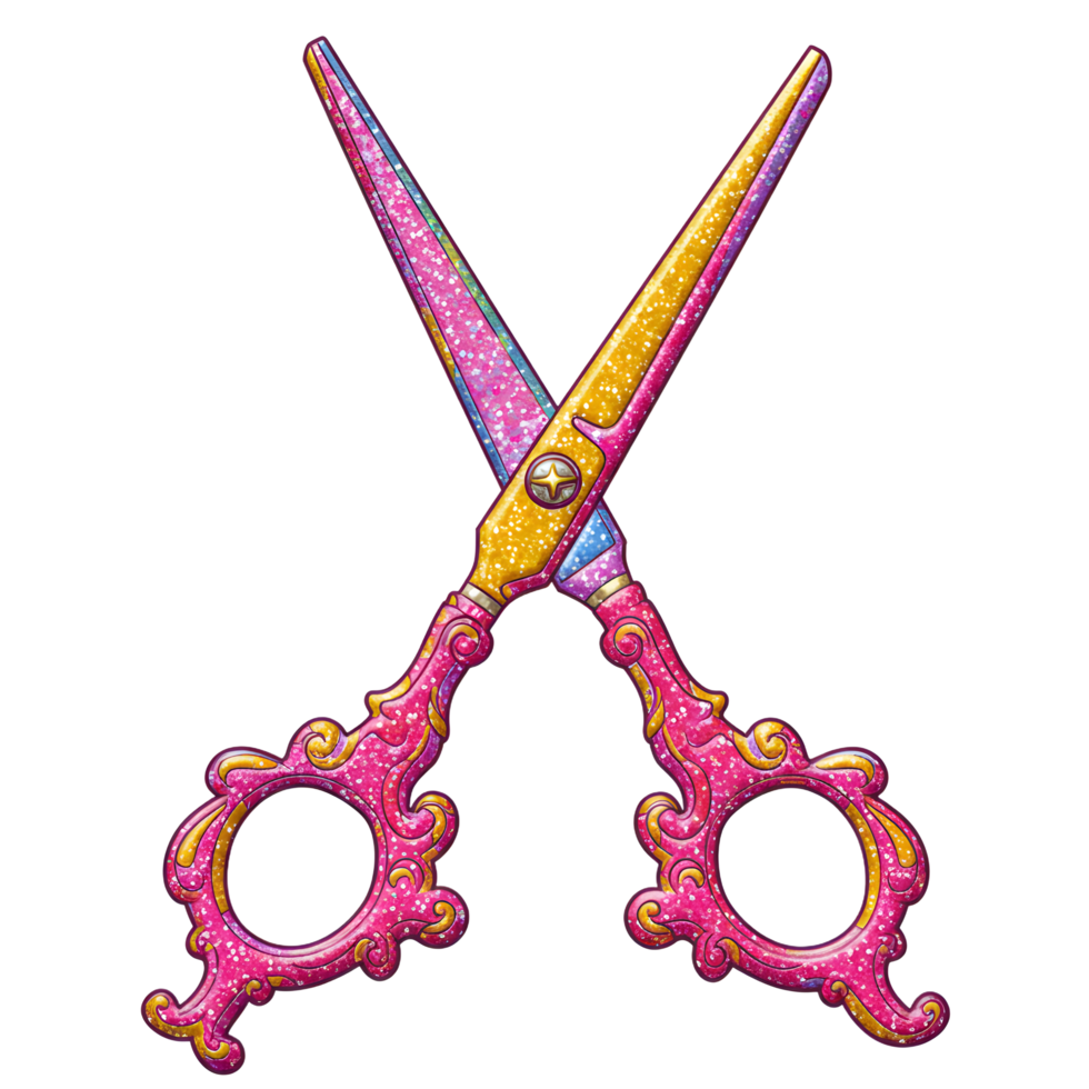 Enchanted pink and gold scissors sparkle, their ornate handles adding a touch of fairytale magic. A dazzling, whimsical design perfect for hair salons png