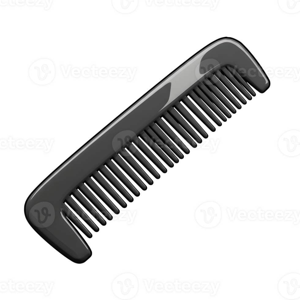 A sophisticated black comb, rendered in 3D, angles elegantly against a clean white background. Its smooth, glossy surface reflects light, conveying a sense of simple luxury. png