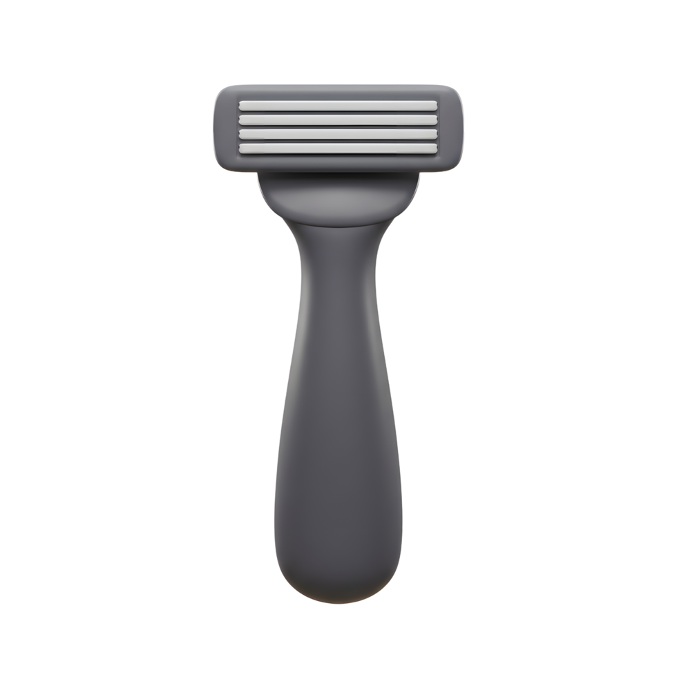 A minimalist depiction of a modern, charcoal gray razor. Its five-blade cartridge and ergonomic handle stand out against a clean white background. png