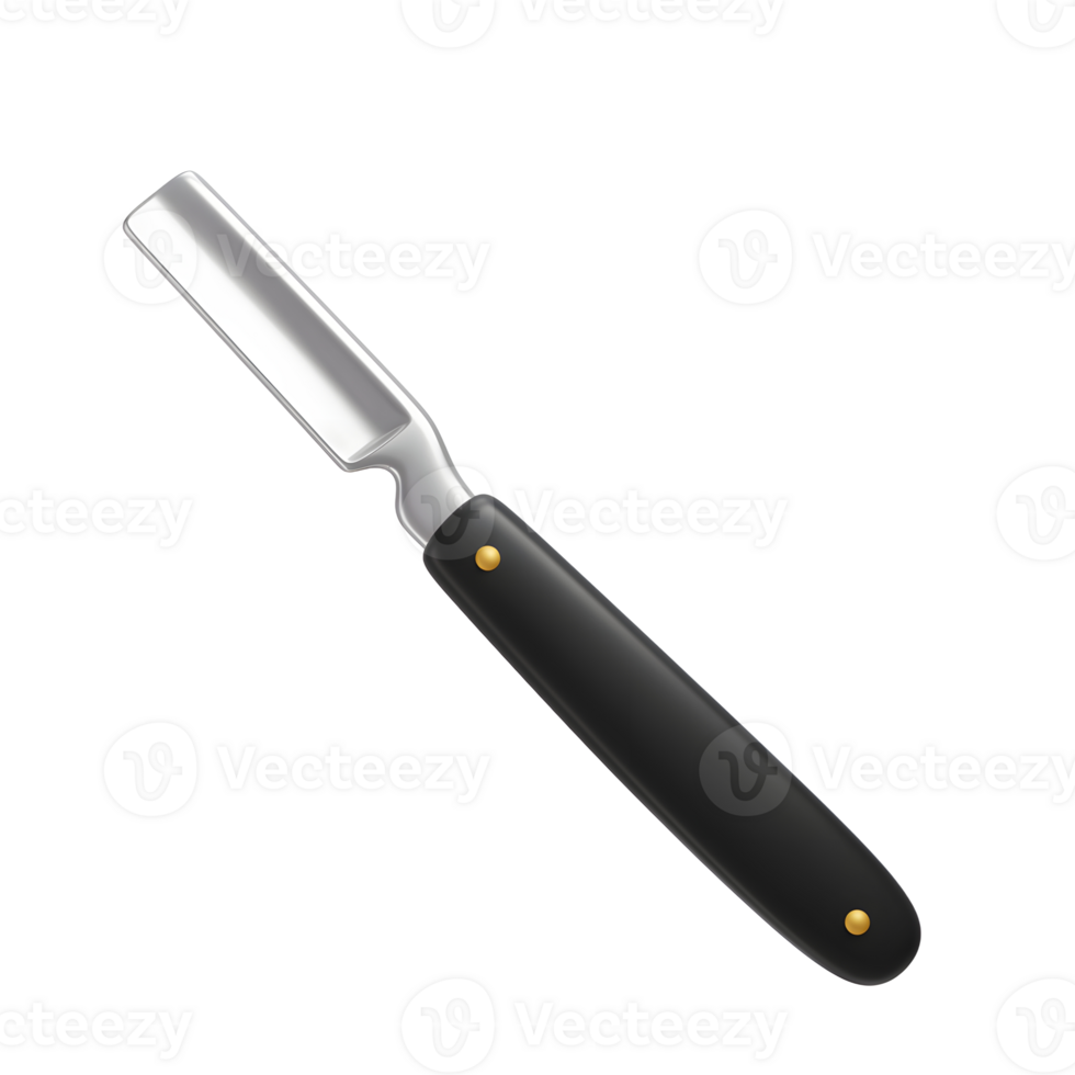 A sharp, classic straight razor gleams against a white backdrop. Its sleek, black handle contrasts beautifully with the polished steel blade, creating a clean and professional look. png