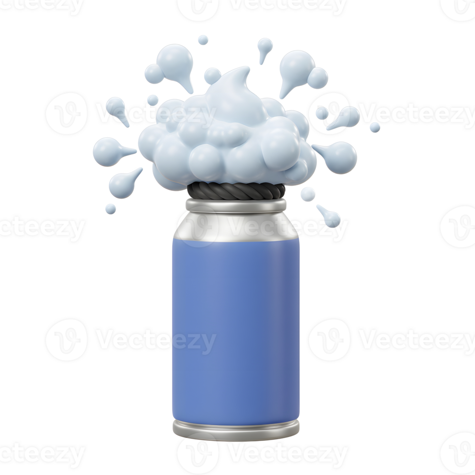 A playful 3D rendering shows a blue aerosol can topped with a cloud of light-blue foam playfully erupting. It's a lighthearted, almost whimsical scene. png