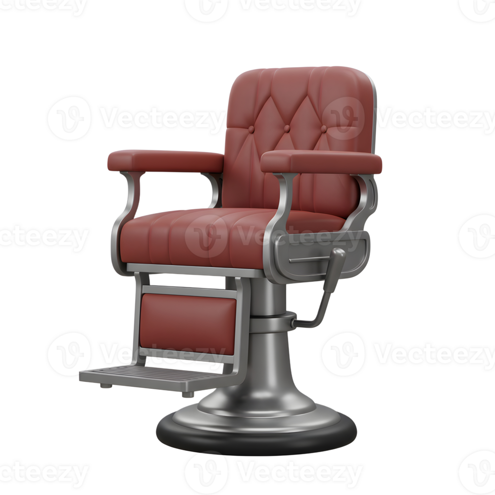 A sophisticated barber chair, rich red leather upholstery complements the sleek silver metal frame, creating a vintage yet modern atmosphere. Perfect for a classic barbershop. png