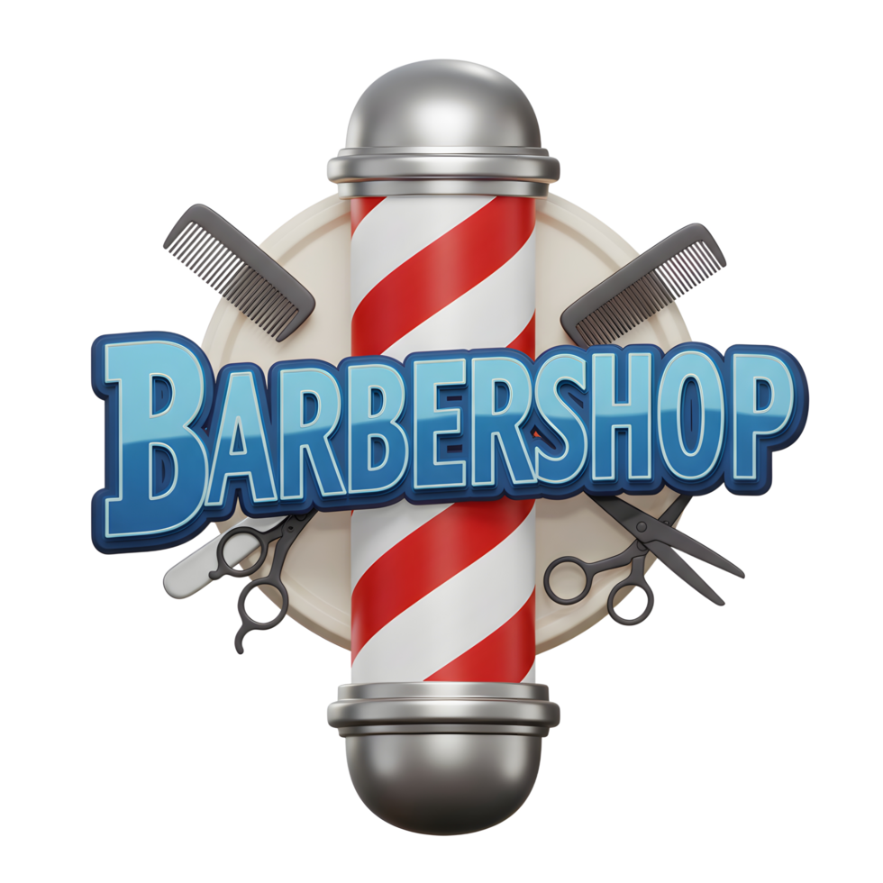 A vibrant barbershop sign features a classic red and white striped pole, surrounded by combs and scissors. The retro-styled text adds a touch of vintage charm. png