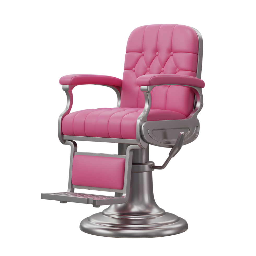 A stylish pink barber chair with tufted upholstery and a gleaming chrome base. Its classic design exudes elegance and sophistication. png