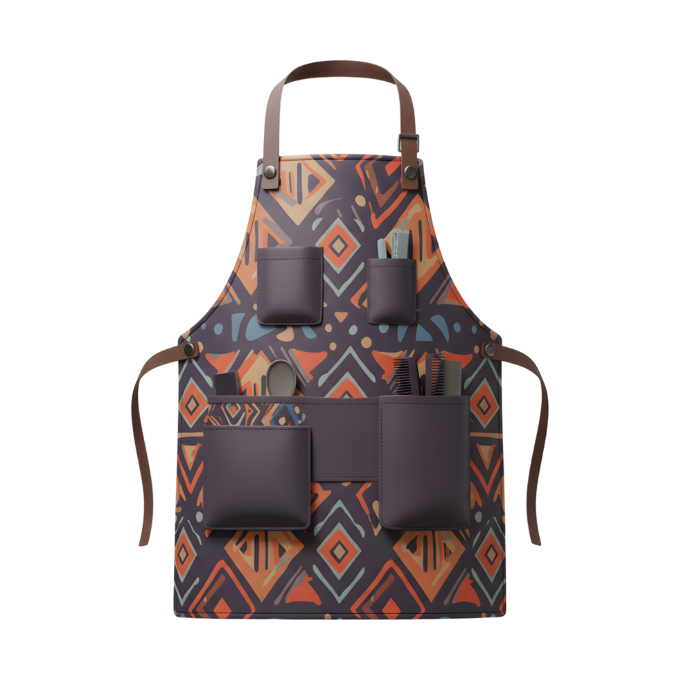 A trendy barbershop apron boasts a vibrant geometric pattern and multiple leather pockets, perfect for holding tools. Its stylish design adds a touch of modern flair to any workspace. png