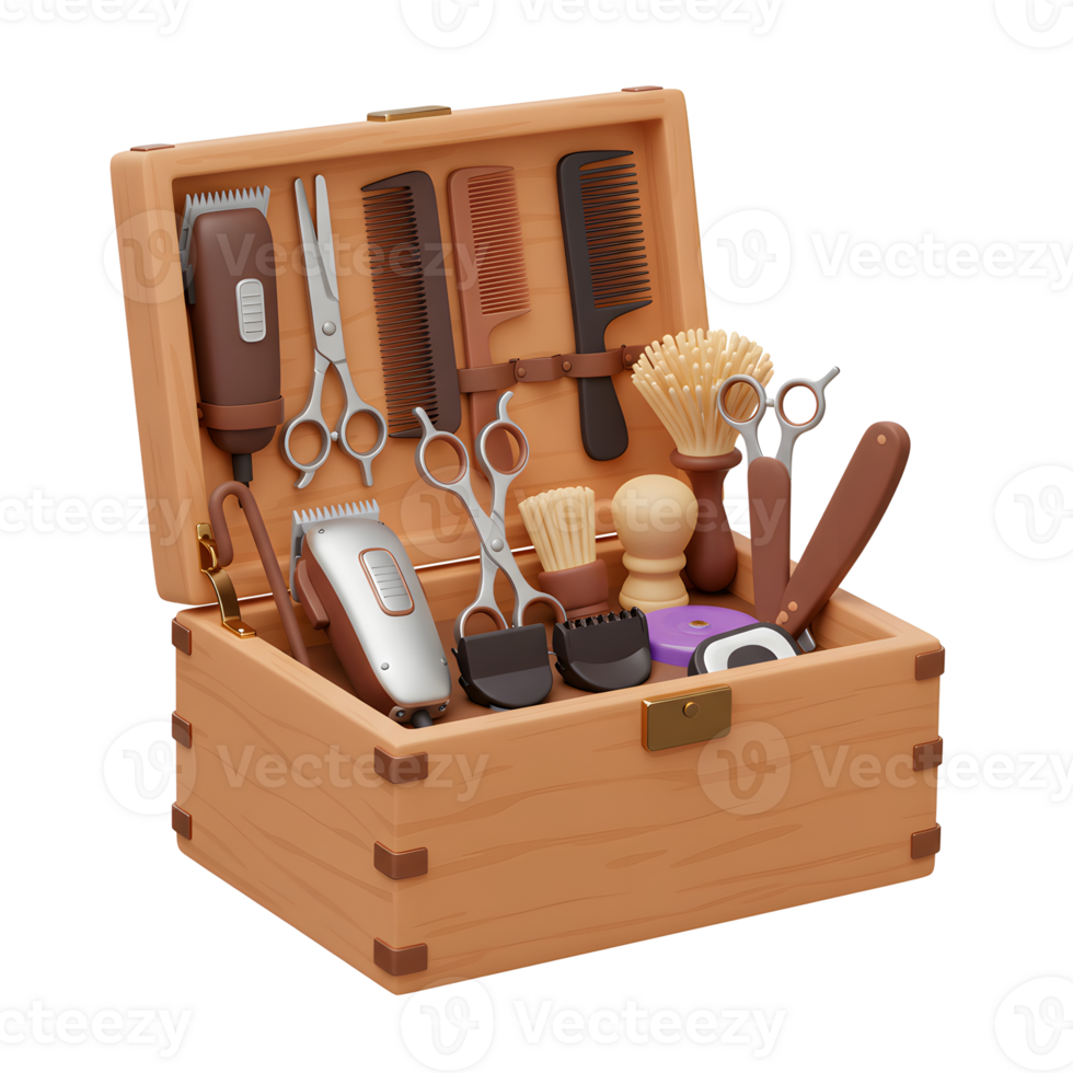 A charming wooden chest overflows with barbering essentials clippers, scissors, combs, brushes, and a straight razor. Rustic charm meets professional tools in this delightful scene. png