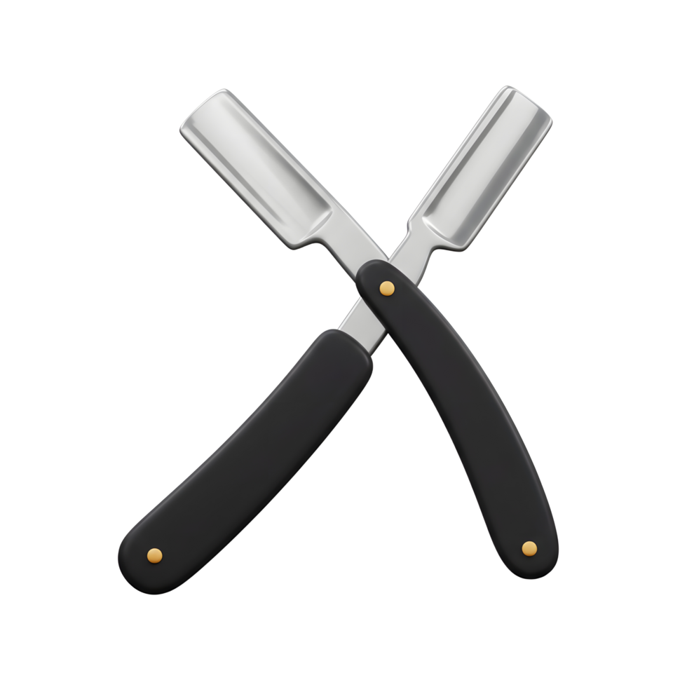 Two gleaming straight razors, crossed elegantly, their sharp blades contrasting sharply with sleek black handles. A timeless image of barbering tradition. png