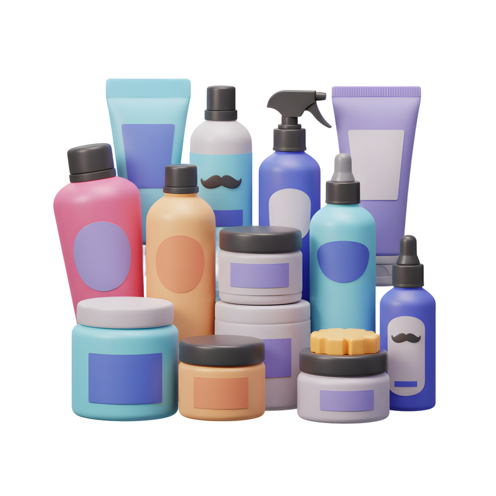 A vibrant collection of pastel-hued shampoos, lotions, and creams playfully arranged. The cheerful, minimalist aesthetic creates a fun, clean vibe. png