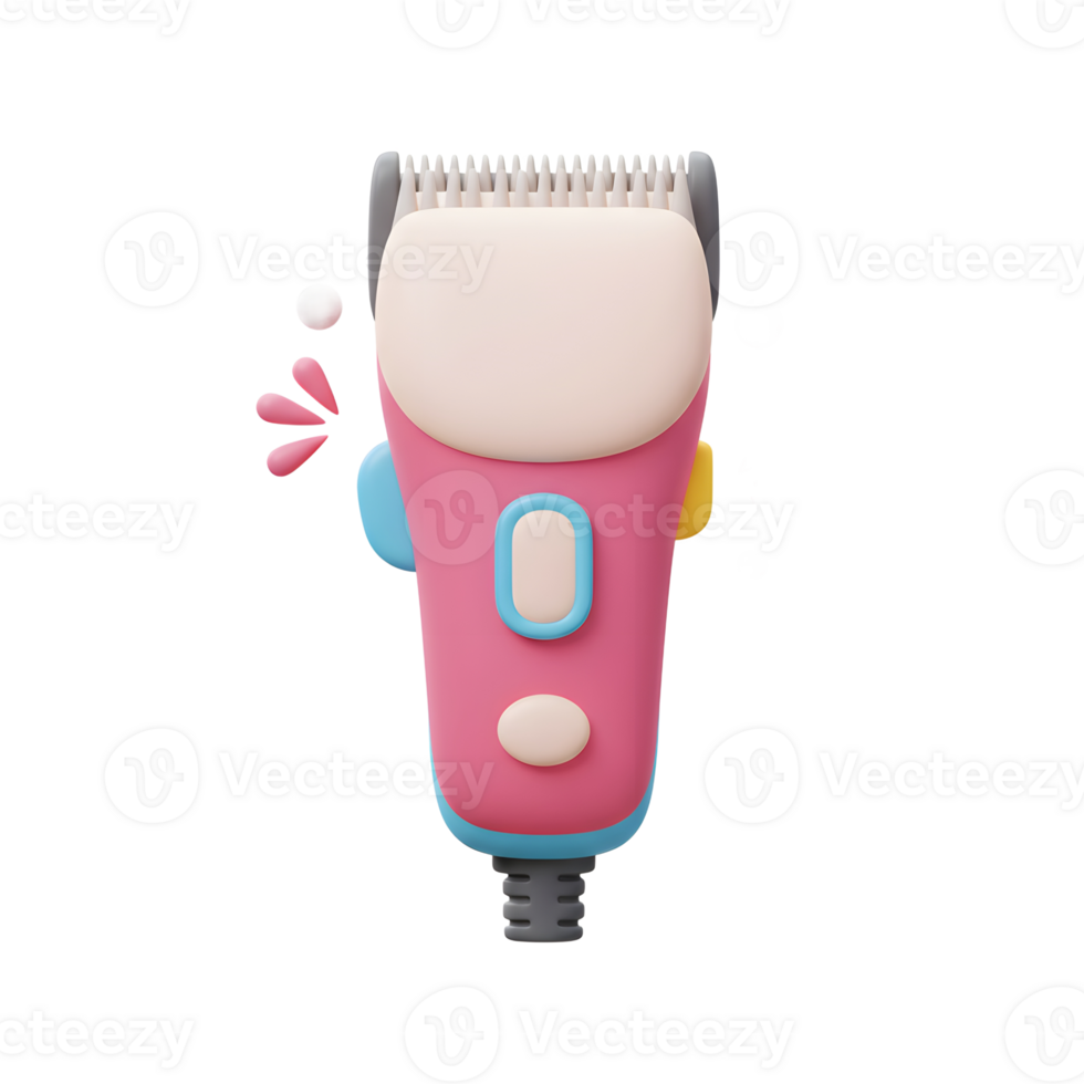 A cheerful pink electric hair clipper, rendered in a playful 3D style, sits ready for use. Small, colorful details add to its whimsical charm. png
