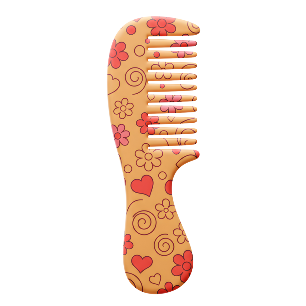 A charming comb adorned with a cheerful pattern of flowers and hearts. Its warm orange hue and playful design create a sweet and nostalgic feel. png