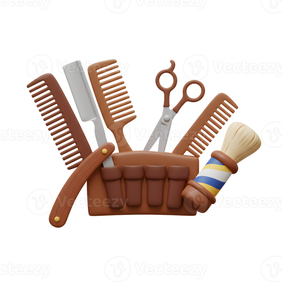 A delightful 3D rendering showcases a barber essential tools combs, razor, scissors, and shaving brush neatly arranged in a brown leather pouch, creating a vintage and professional feel. png