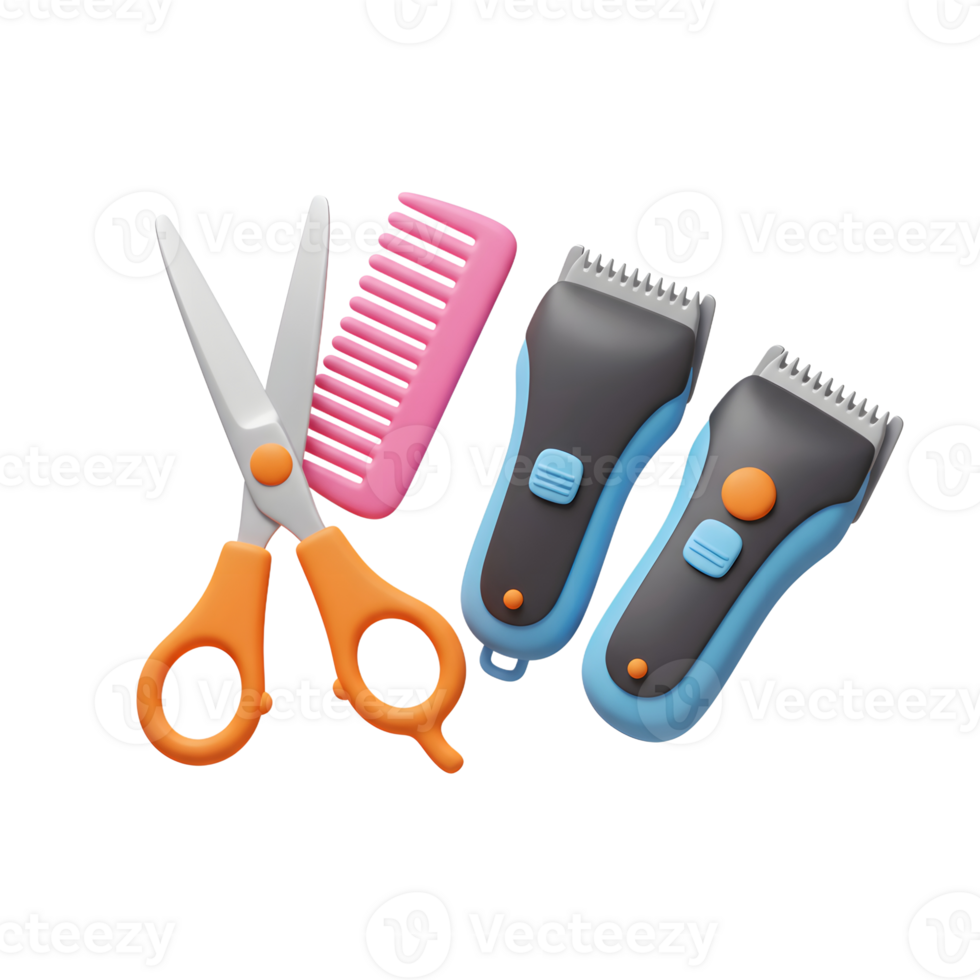 A cheerful collection of hair styling essentials Brightly colored scissors, a pink comb, and two fun-colored trimmers create a whimsical scene. png
