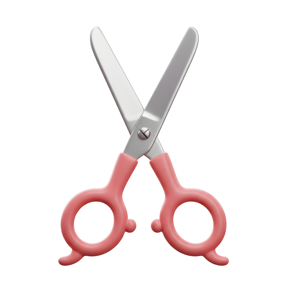 A pair of scissors with coral pink handles and silver blades sits against a stark white background. The image evokes a feeling of simplicity and cleanliness. png