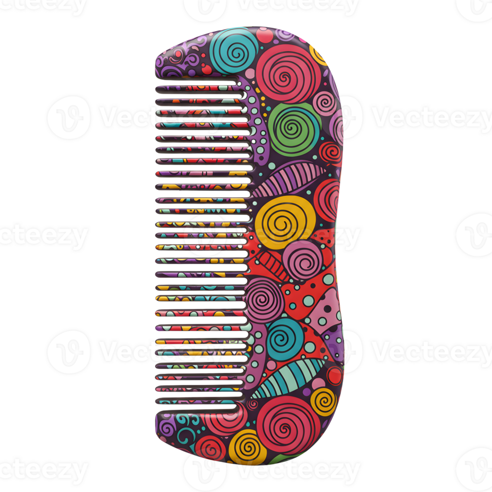 A whimsical hair comb bursts with color Swirls, dots, and doodles create a joyful, playful vibe. Perfect for adding a touch of fun to your hair routine. png