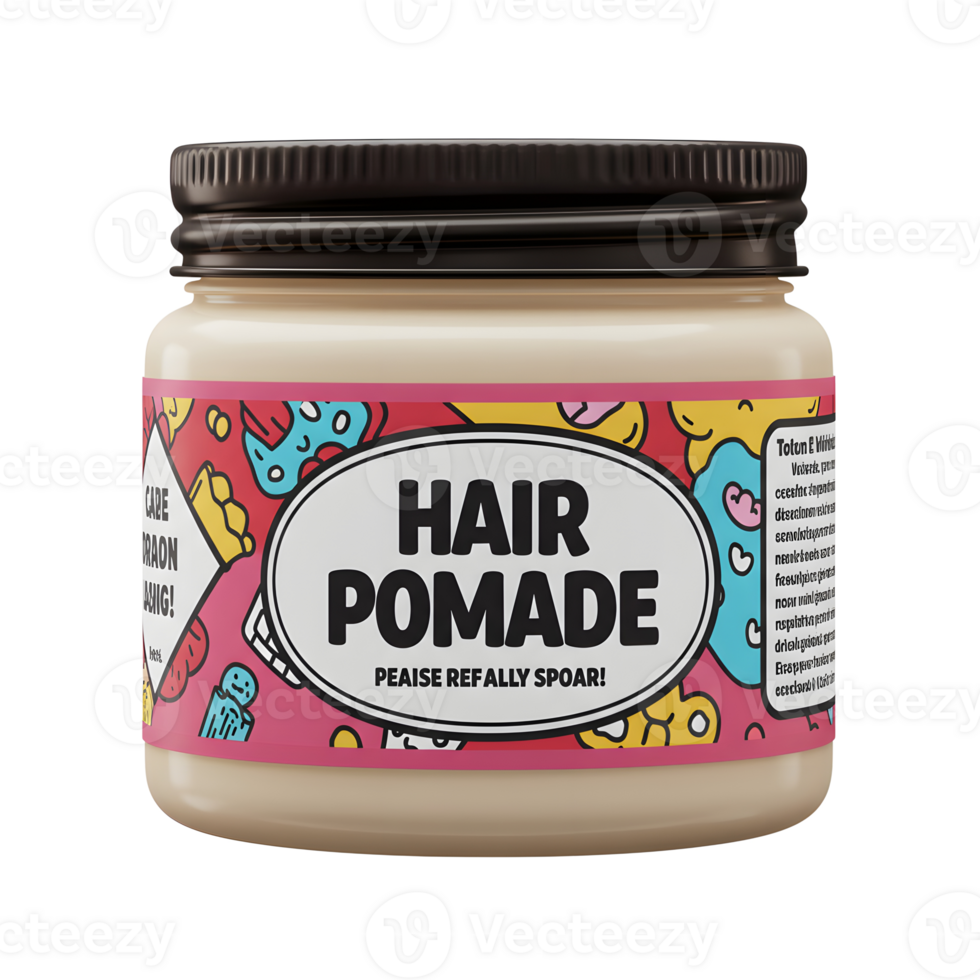 A whimsical jar of hair pomade features a vibrant pink and blue cartoon label. Fun characters and playful designs create a cheerful, quirky vibe. png