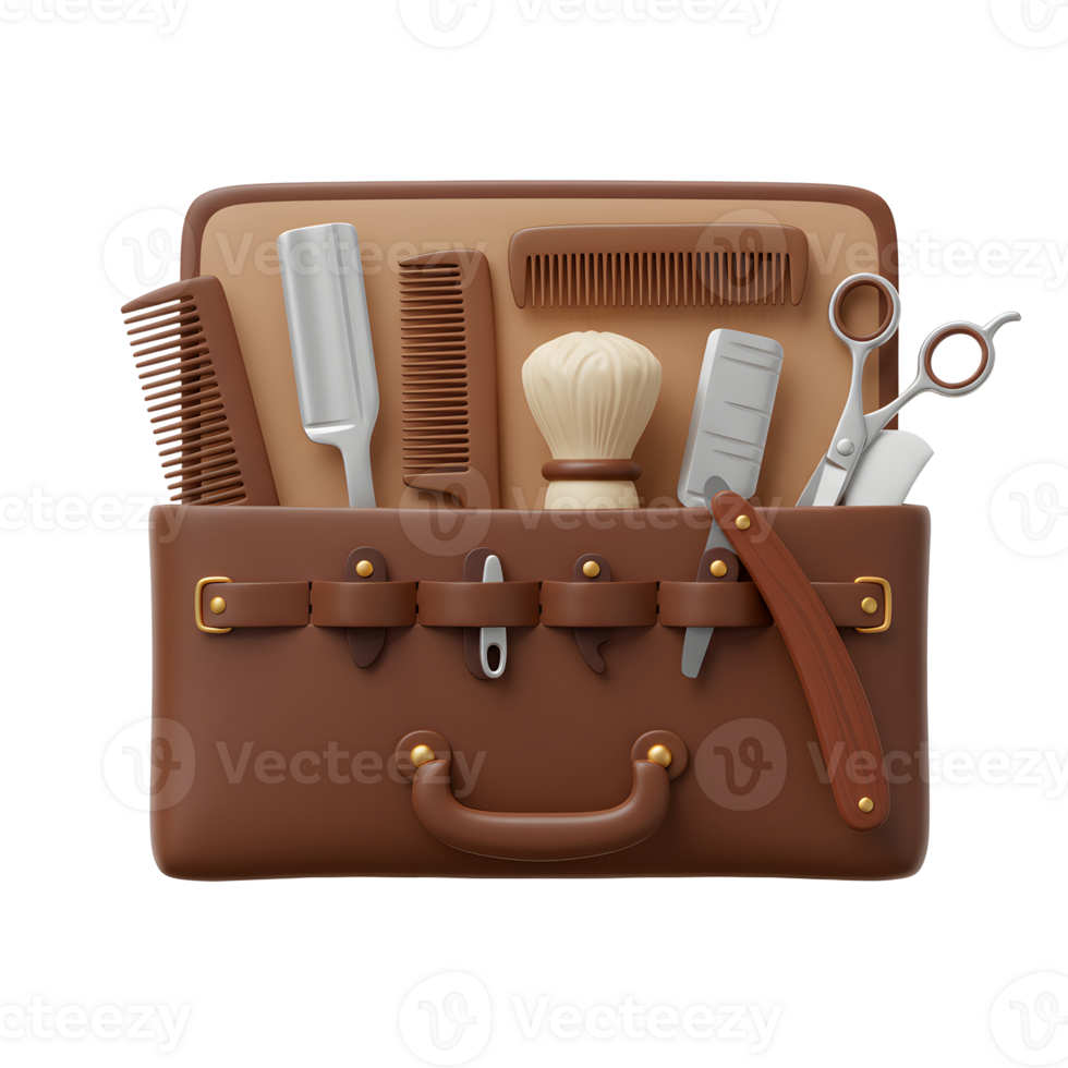 A nostalgic brown leather barber kit is brimming with vintage tools combs, razors, scissors, and a shaving brush. The scene evokes a sense of classic grooming. png