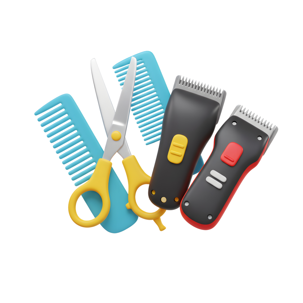 Scissors, combs, and clippers playfully arranged, vibrant colors against a white backdrop. A cheerful, simple image png