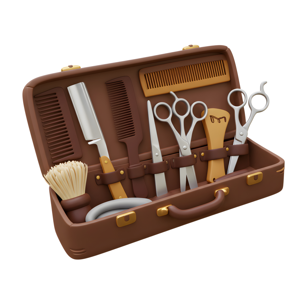 A charming brown leather case holds a curated set of barber tools scissors, combs, razors, and brushes creating a nostalgic, professional vibe. png