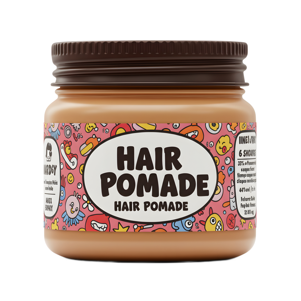 A light brown jar of hair pomade features a vibrant pink label adorned with fun, quirky cartoon characters and a playful font. The overall mood is cheerful and lighthearted. png