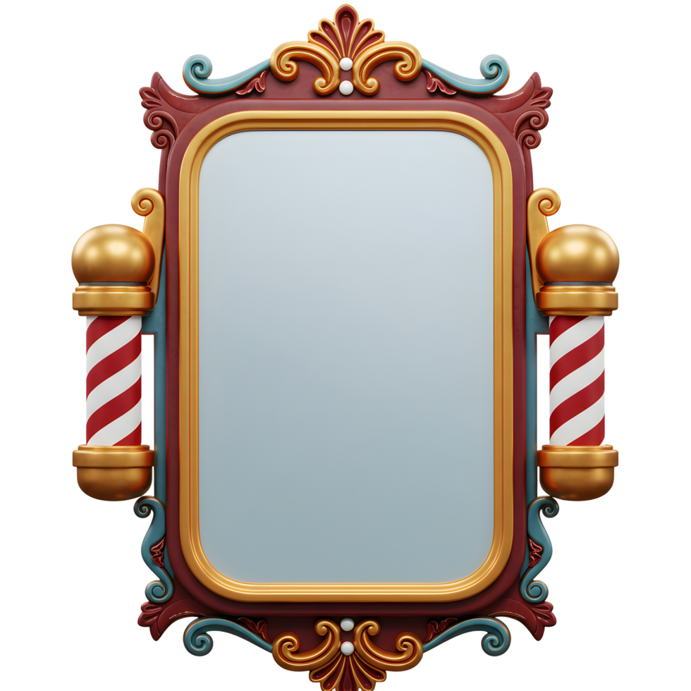 A charming, vintage-style barbershop sign awaits your message The ornate red and gold frame, complete with striped barber poles, creates a festive and nostalgic mood. png