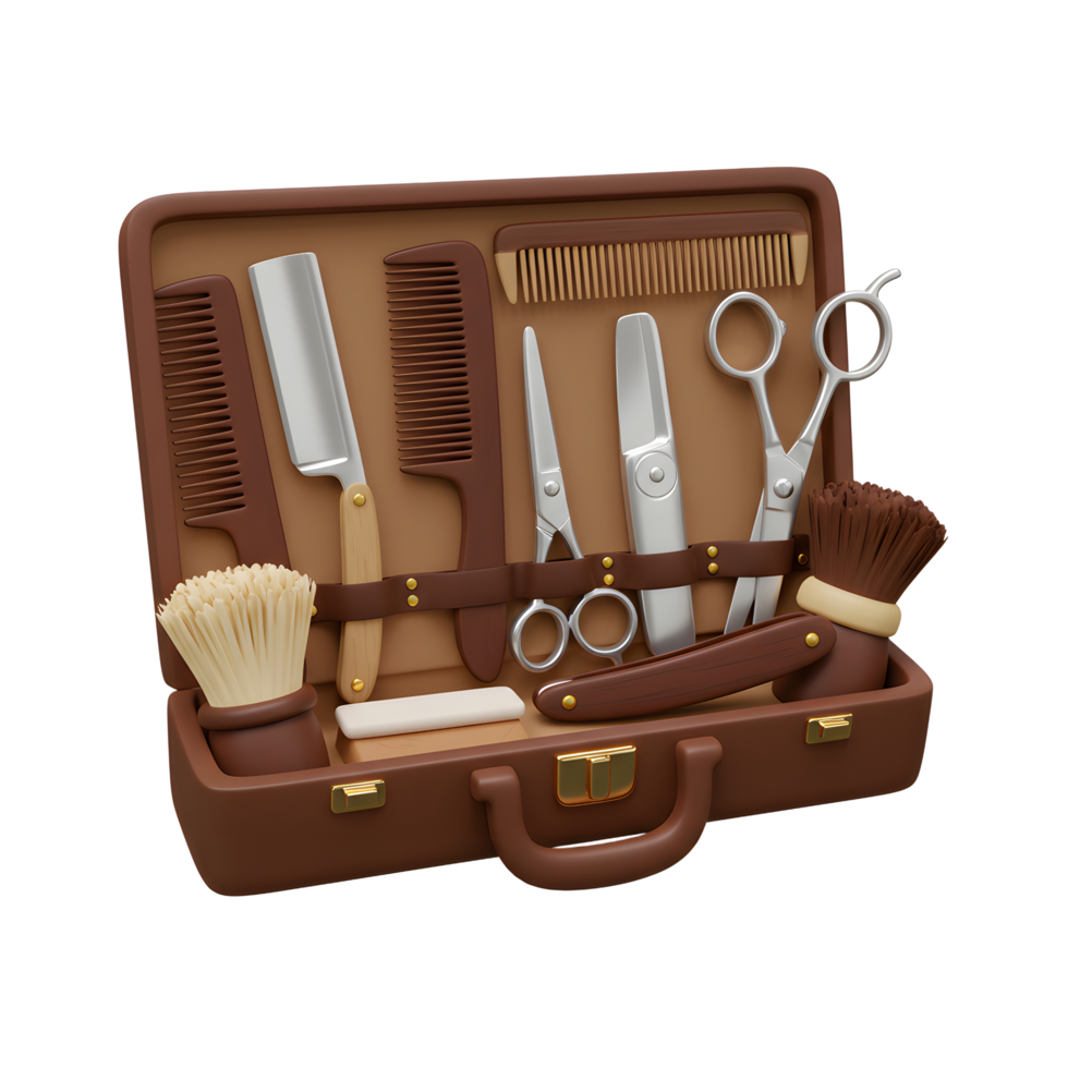 Barber Kit in Leather Case with Scissors, Razor, Brush and Combs png
