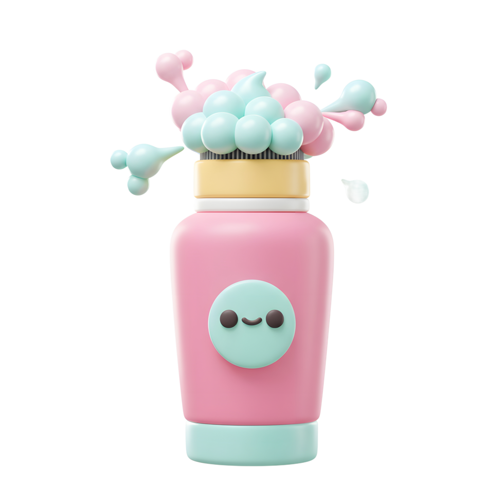 A cheerful pink cream bottle playfully erupts with a pastel-colored foam cloud, creating a light and fun atmosphere. The cute face adds to its charm png