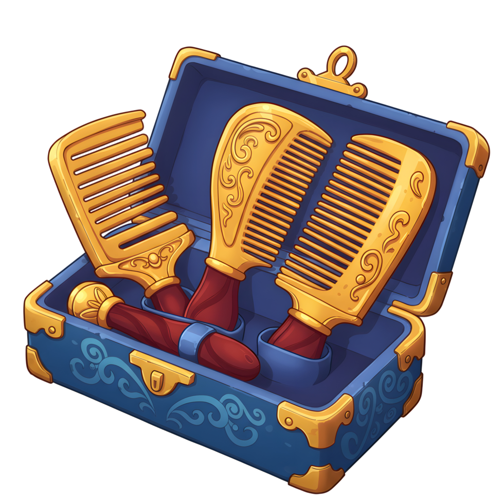 A charming blue chest reveals three ornate gold combs, their intricate details gleaming. A whimsical, enchanting scene. png