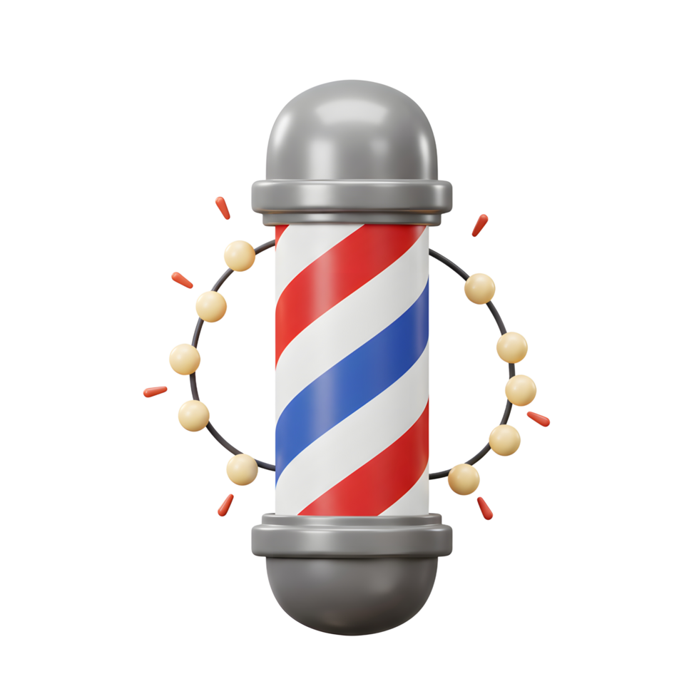 A cheerful barber pole with red, white, and blue stripes, playfully surrounded by a beaded halo, exudes classic charm and a modern feel. png