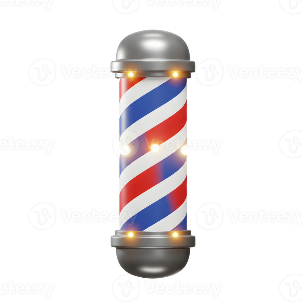 A gleaming barbershop pole, its vibrant red, white, and blue stripes spinning under soft lighting, evokes a nostalgic and classic feel. png