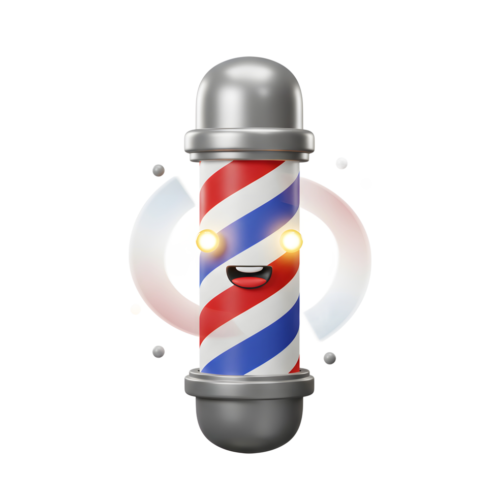 A cute, smiling barber pole spins cheerfully, its red and blue stripes glowing softly. A fun, whimsical 3D design png