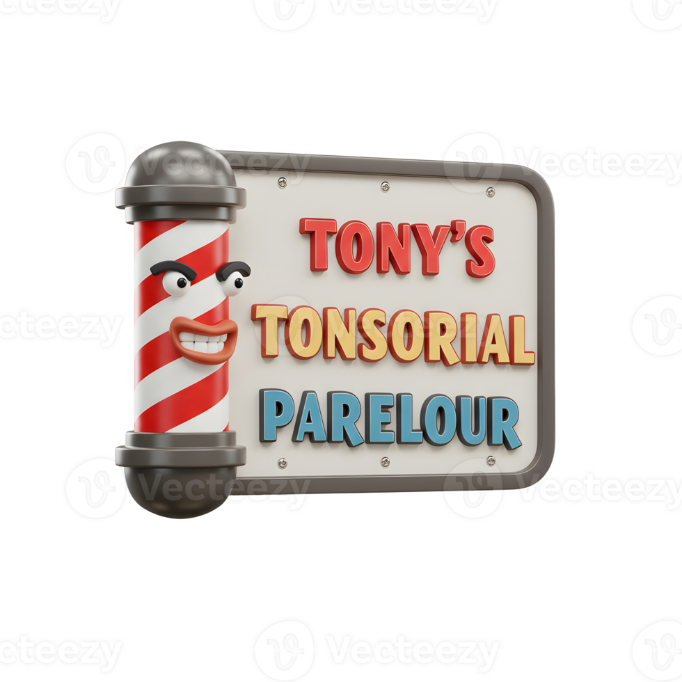 A cheerful barbershop sign features a cartoon barber pole with a smiling face, alongside retro style lettering announcing Tony Tonsorial Parlour. Fun and inviting png