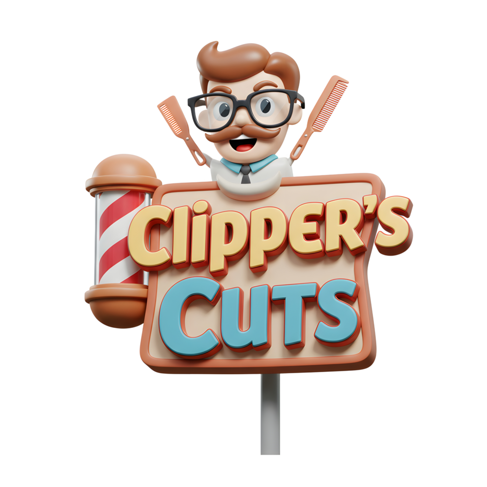 A charming 3D cartoon barber happily holds clippers above a retro-styled 'Clipper's Cuts' sign, creating a fun and inviting atmosphere. png
