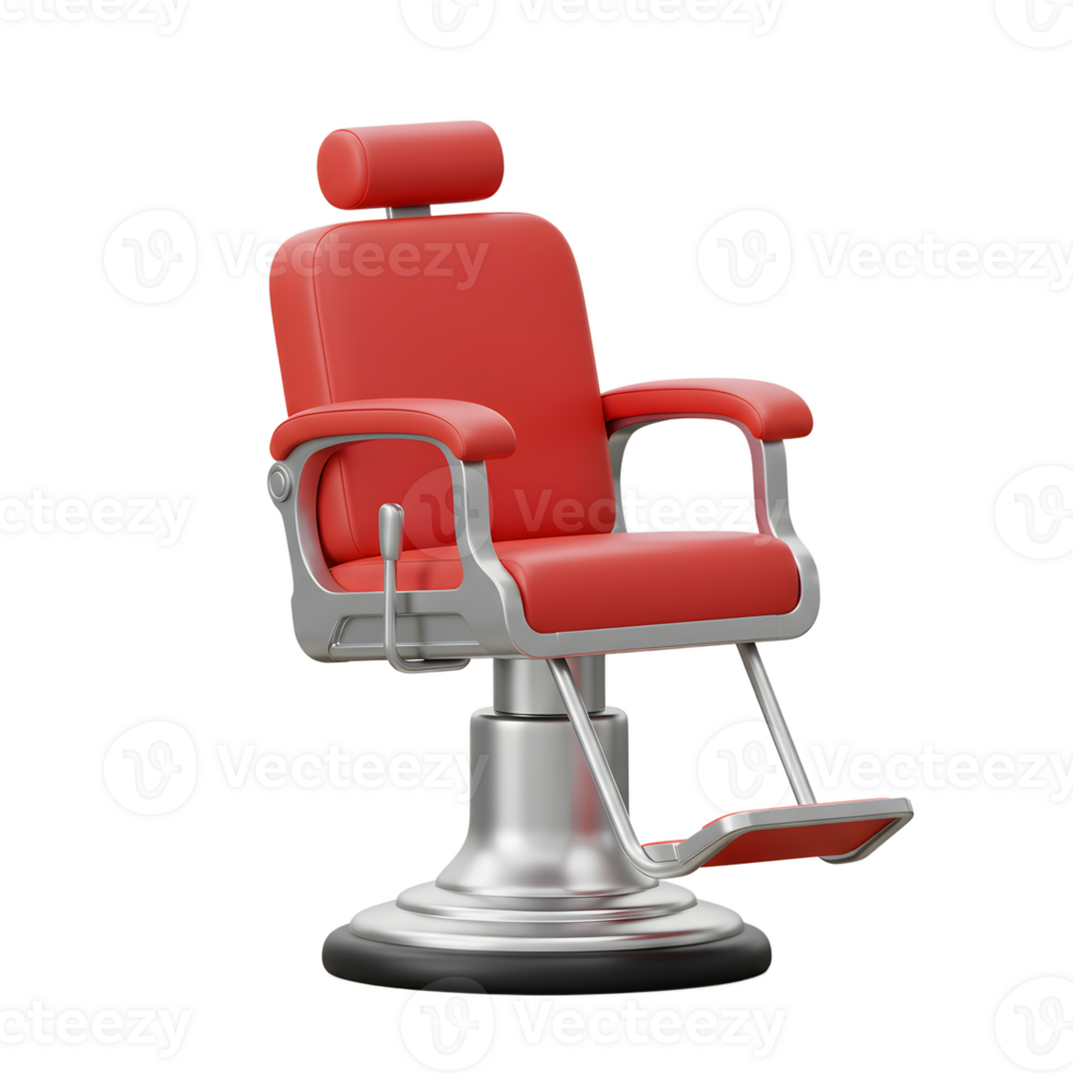 A vibrant red barber chair stands ready, its gleaming chrome base and plush leather seat promising a comfortable and stylish experience. Retro charm meets contemporary design. png
