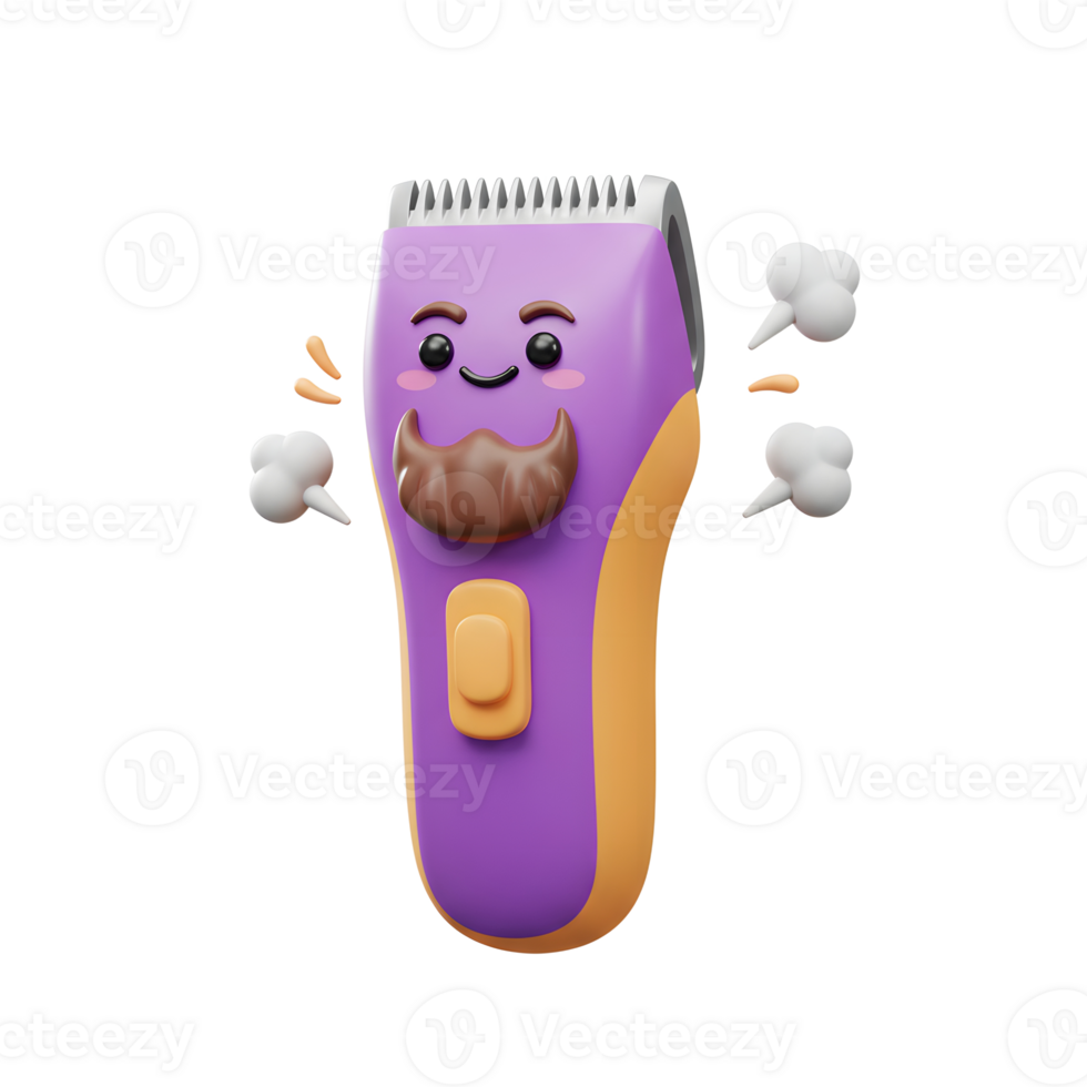 A cute, cartoonish purple beard trimmer smiles proudly, exuding happiness and readiness for a grooming session. Its cheerful design adds a touch of fun to personal care. png