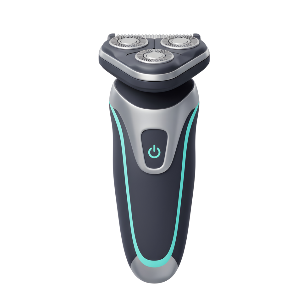A modern electric razor with a sleek, dark gray body and teal accents. The three-head shaving system promises a close, comfortable shave. Clean lines and stylish design. png