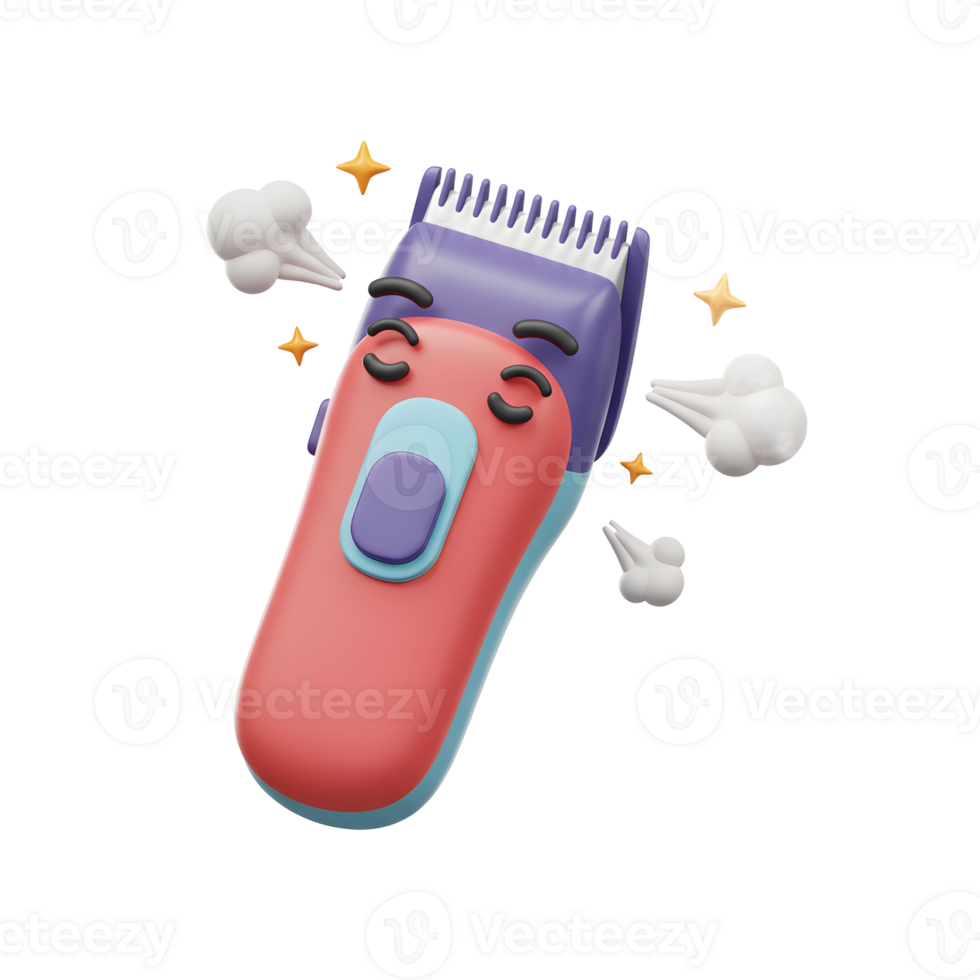 A cute, cartoon hair clipper yawns dramatically, tiny puffs of air escaping. Its colorful design and exhausted expression create a fun, slightly comical mood. png