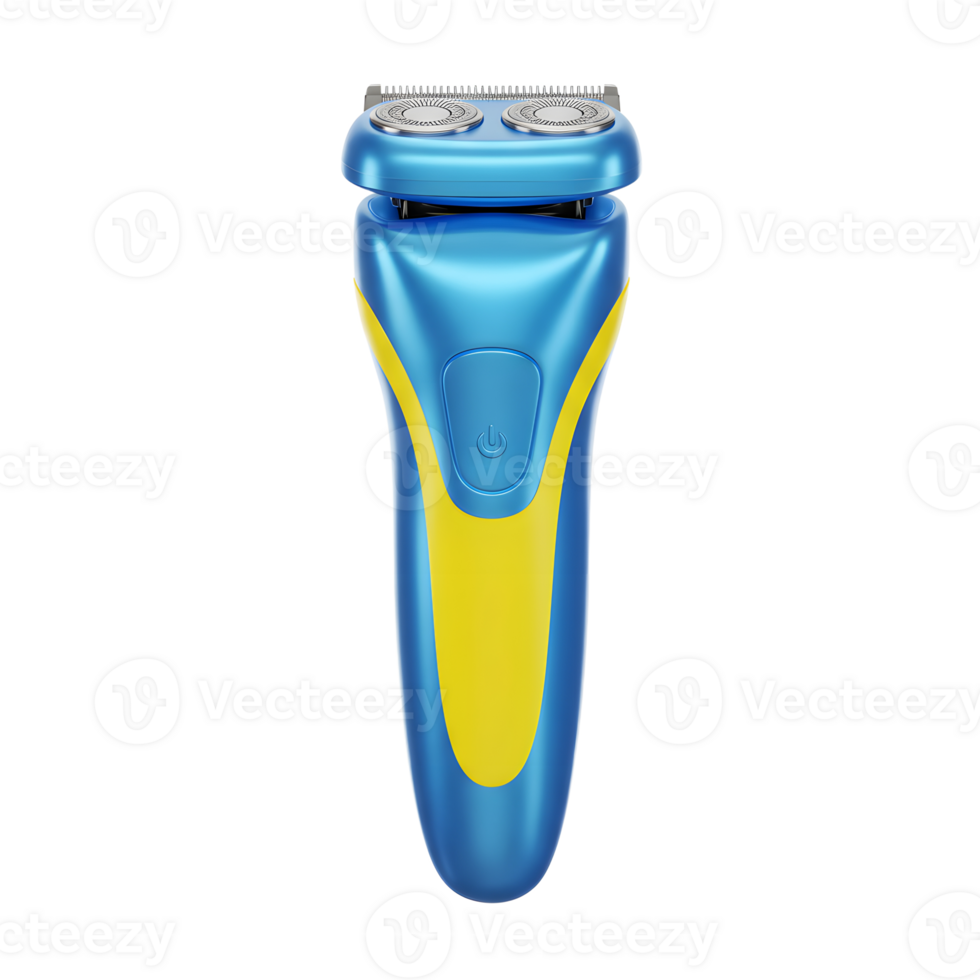 A modern electric razor with a vibrant blue body and a sunny yellow accent. The dual-head design promises a smooth shave. Sleek and stylish. png