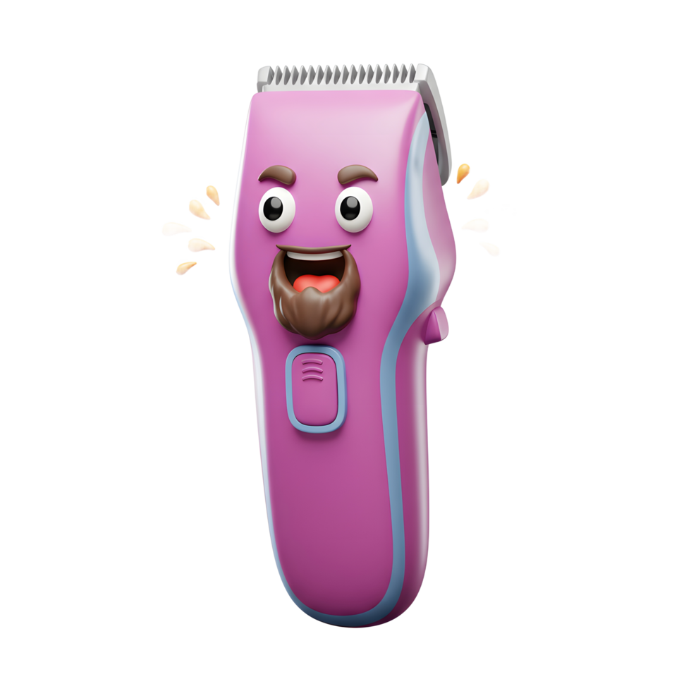 A cheerful pink hair clipper smiles broadly, sporting a goatee. Its joyful expression and vibrant color create a fun, upbeat mood. png