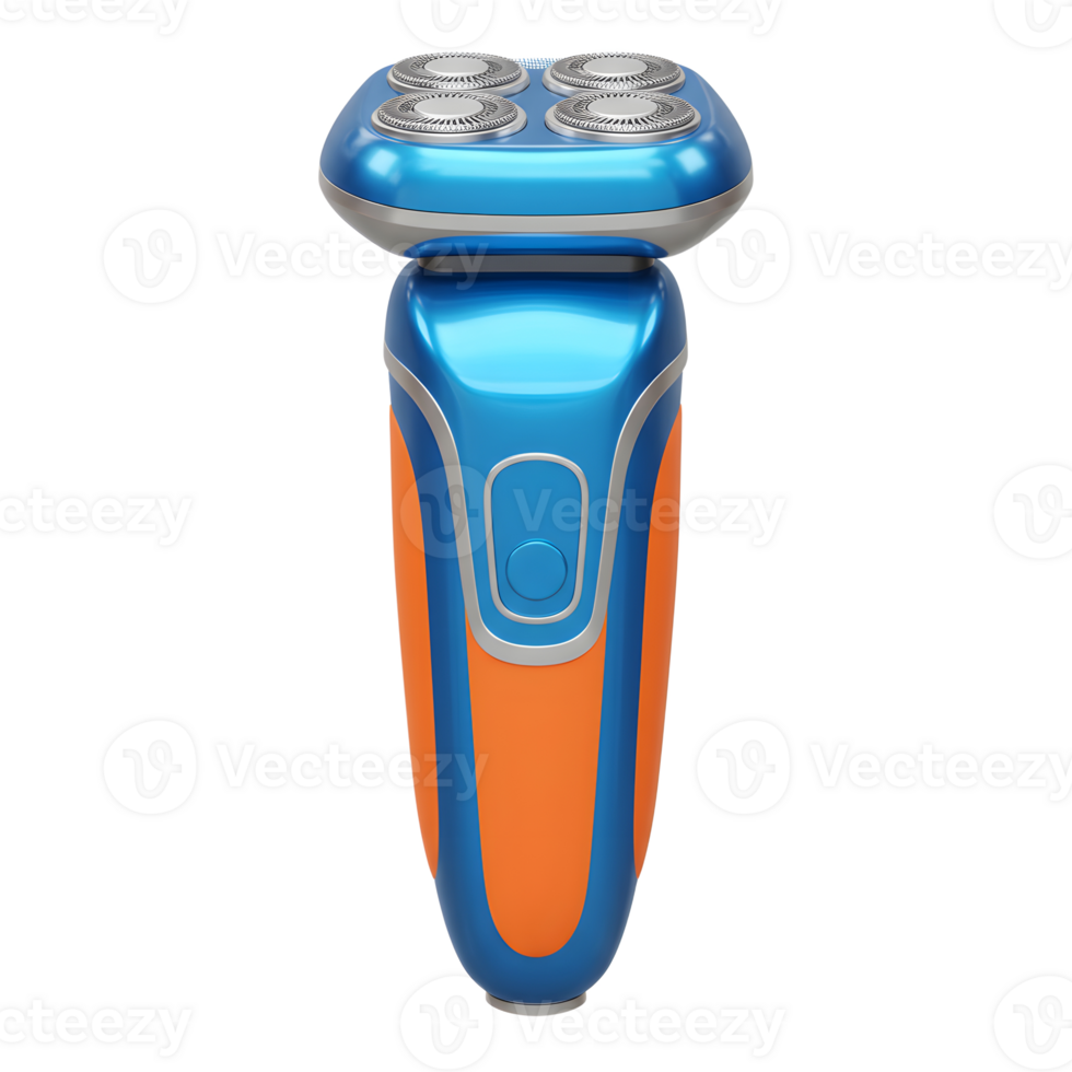 A vibrant blue and orange electric razor stands out with its four rotary shaving heads, promising a smooth and efficient shave. Sleek design, modern appeal. png