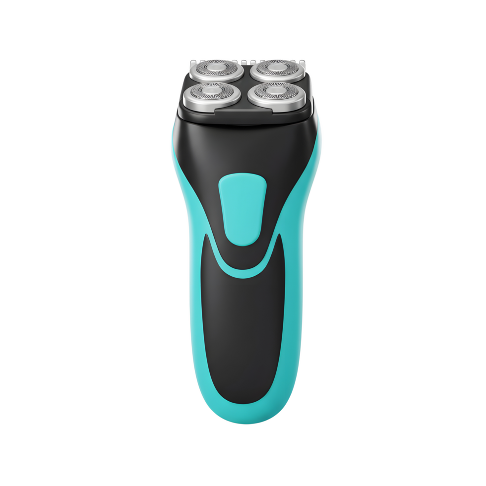 A modern electric razor, boasting a vibrant aqua blue and sleek black design. Four precision heads promise a close shave. Clean lines, smooth finish. png