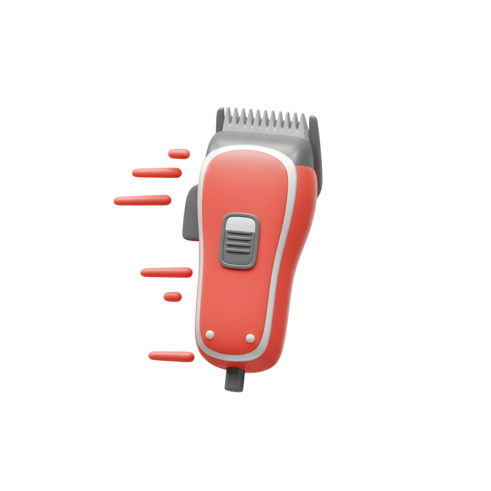 A vibrant red electric hair clipper speeds across the screen, its sleek design and sharp blades hinting at a quick and efficient trim. A clean, modern style. png