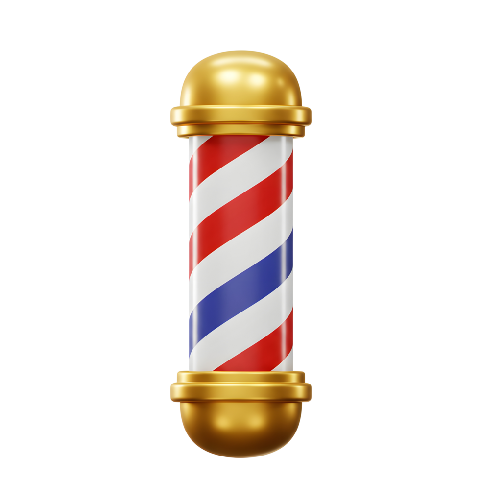 A gleaming barber pole, its vibrant red, white, and blue stripes spinning against a bright background, evokes a sense of classic style and traditional craftsmanship. png