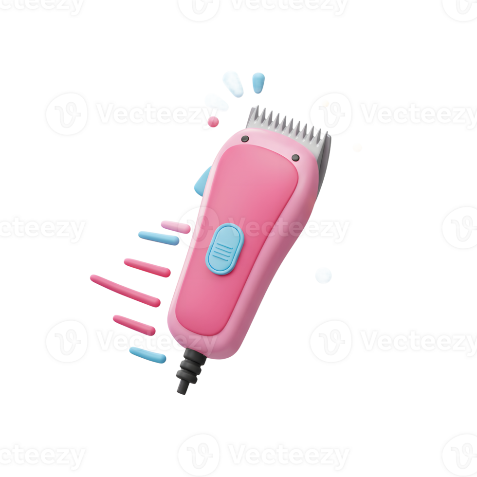 A vibrant pink electric hair clipper floats against a white background, surrounded by colorful, playful shapes. It's a cheerful and modern design. png