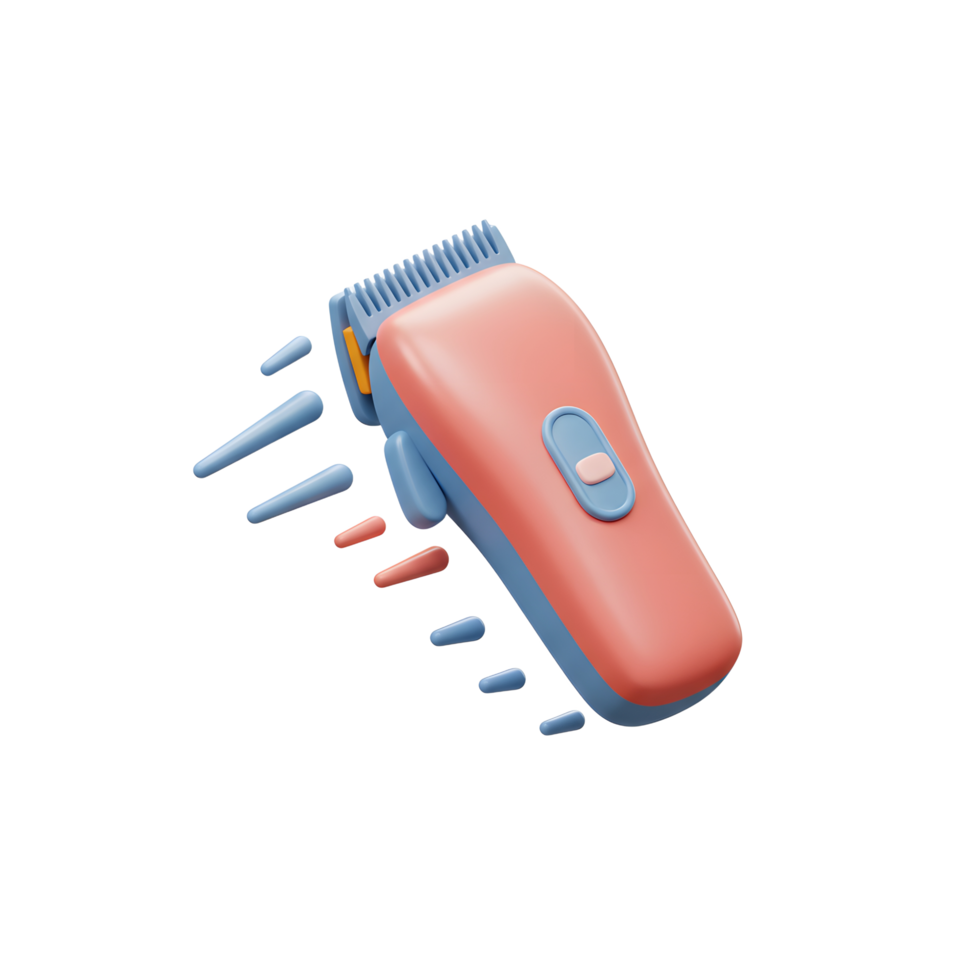 A charming, pastel-colored hair clipper floats against a white background, hair trimmings playfully scattered around it. The scene is bright and cheerful. png
