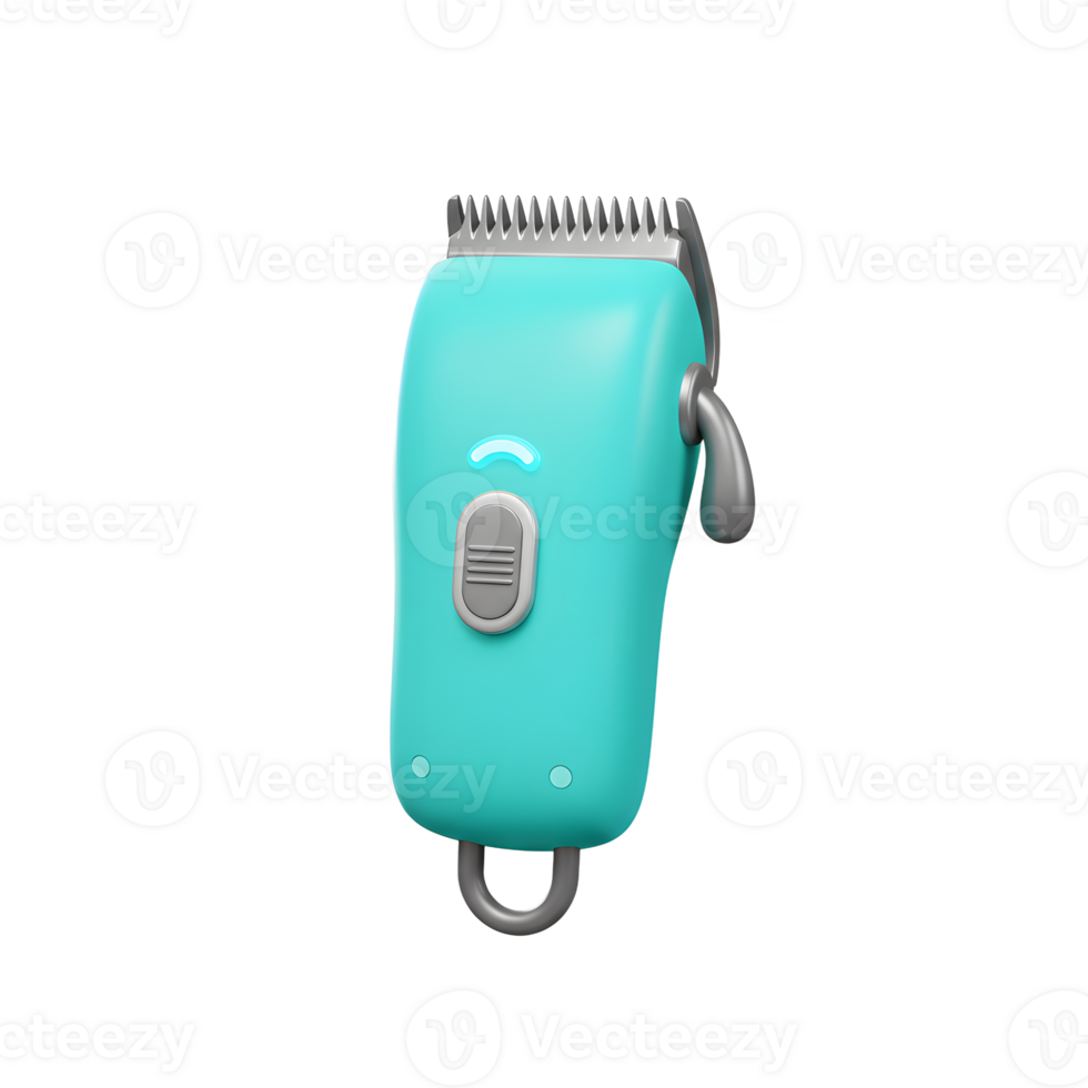 A cheerful teal electric hair clipper, rendered in a playful 3D style, stands ready for a trim. Its sleek design and vibrant color create a fun, modern aesthetic. png