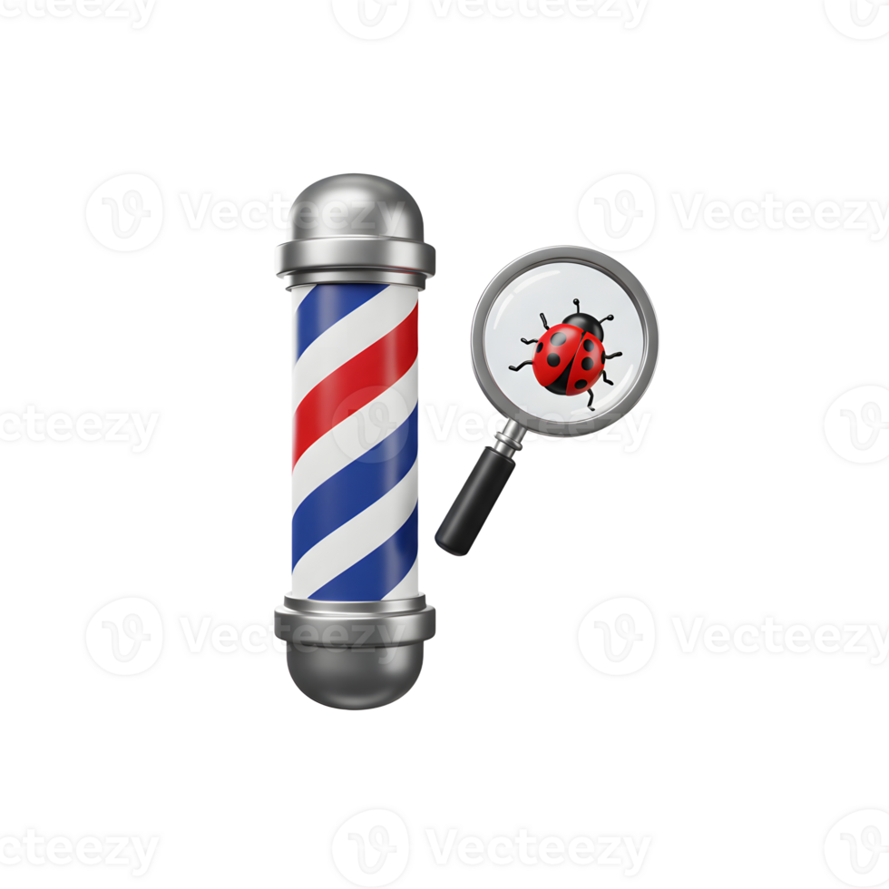 A classic barber pole stands beside a magnifying glass revealing a ladybug. Clean lines and vibrant colors create a striking, whimsical image. png