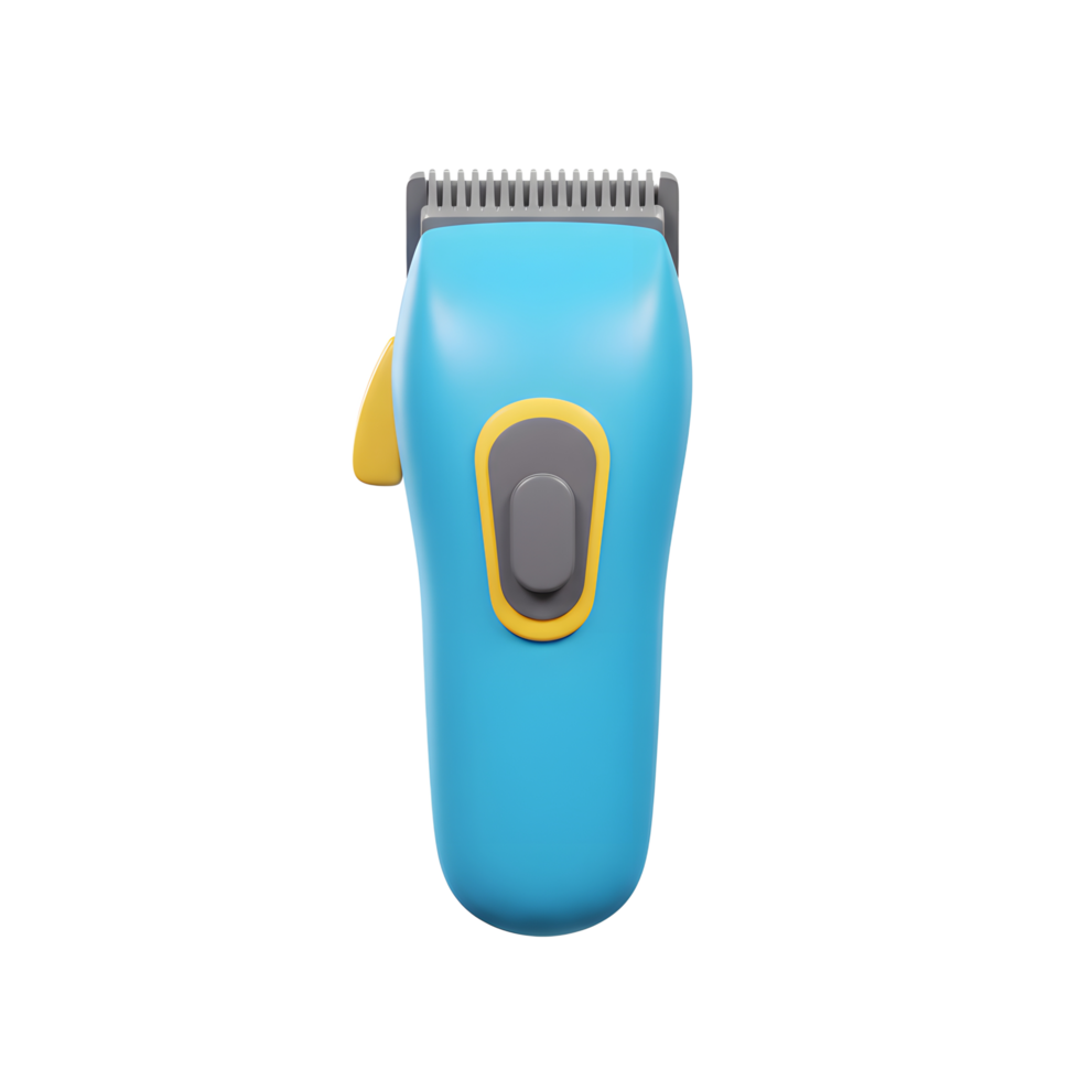 A cheerful, cartoon-style blue hair clipper stands ready. Its playful design and bright colors make it visually appealing. png